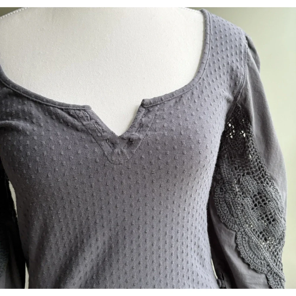 FREE PEOPLE Floral Lace Embroidered Swiss Dot Brunch Date Top Gray Romantic S
